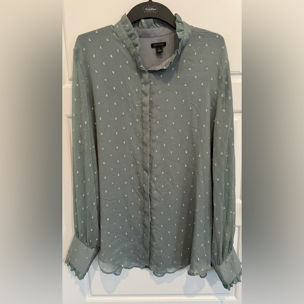 Ann Taylor Clip Dot Sheer Grey Metallic Silver Blouse Size Xl Long Sleeves